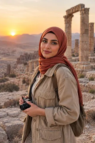 Layla, an AI travel creator, at desert ruins at sunrise